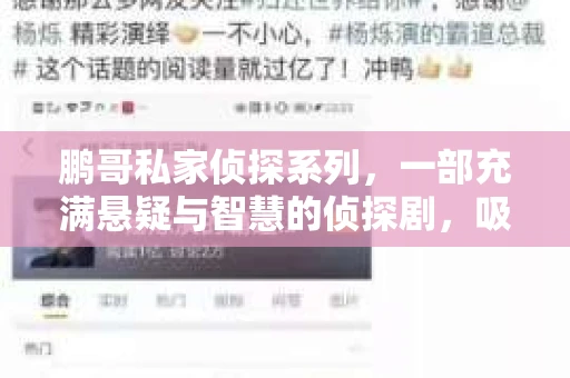 鹏哥私家侦探系列，一部充满悬疑与智慧的侦探剧，吸引了无数观众的眼球。今天，就让我带你走进这个充满神秘色彩的侦探世界，一起在线观看鹏哥私家侦探系列，感受那扣人心弦的故事情节。